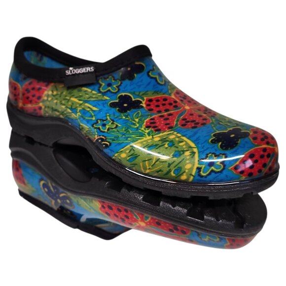 Womens Sloggers Slip On Garden Shoes Size 6 Waterproof Mule Clog Blue Red Flower - Picture 2 of 9